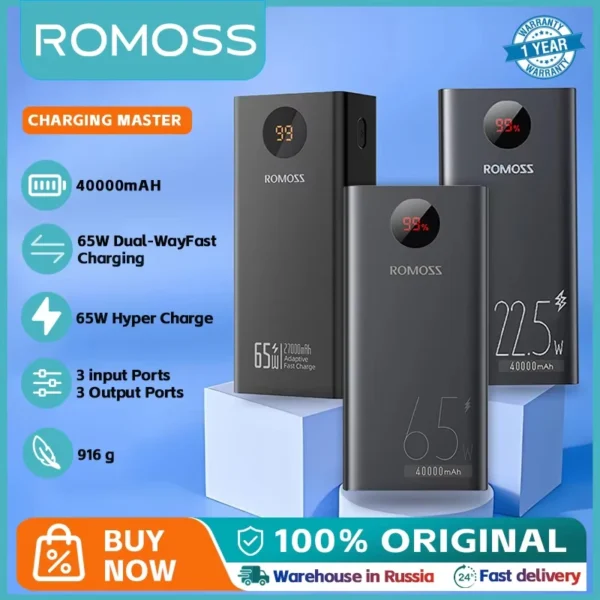 ROMOSS 40000 mAh Powerful Power Bank 65W Type C Fast Charger 40000mAh Portable External Battery For 27000mAH Power Bank 65w