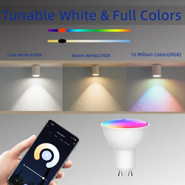 Tuya GU10 LED Bulb WiFi RGB+CW+WW Dimmable 5W Led Lamp,Smart Life APP Control Light Group Control Schedule Your Smart Lights