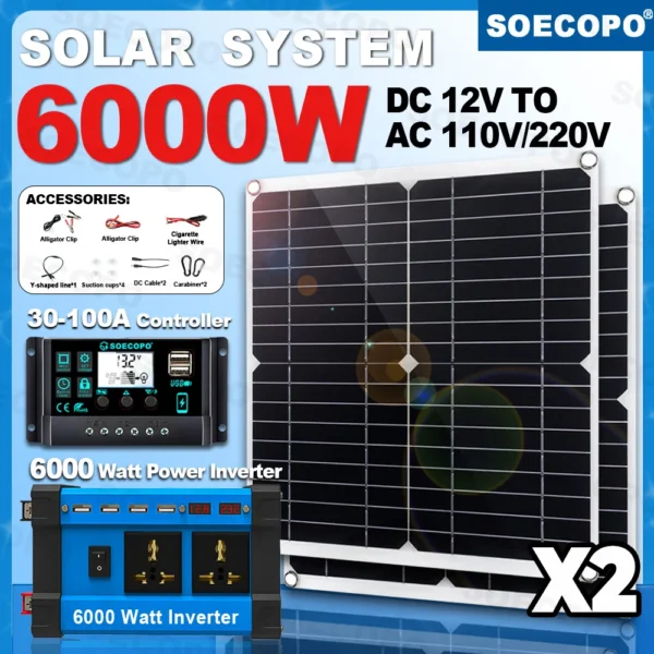 SOECOPO 6000W Solar System Kit 2*300W Solar Panels 100A Controller Camping USB 5V/1.5A DC 12V - AC 110V/220V Inverter Panel Home
