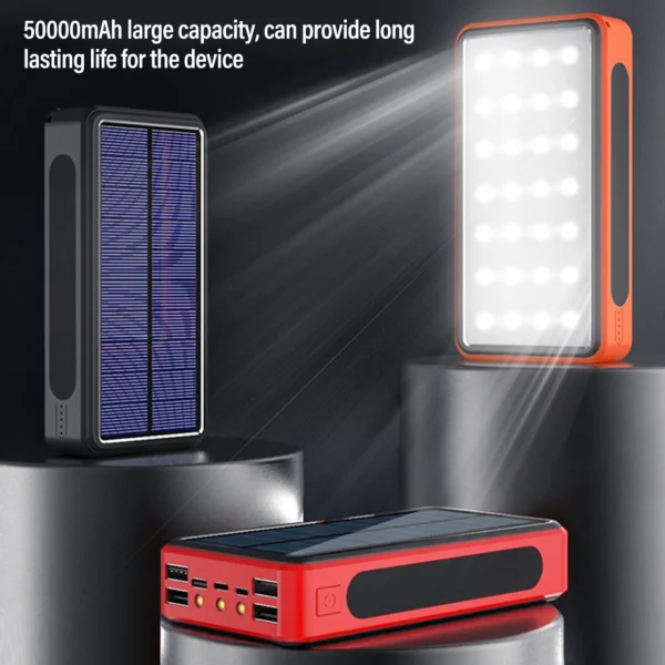 Solar Power Bank 50000mAh Aluminum Alloy USB Portable Charger Battery Pack with LED Light for Outdoor Camping Emergency